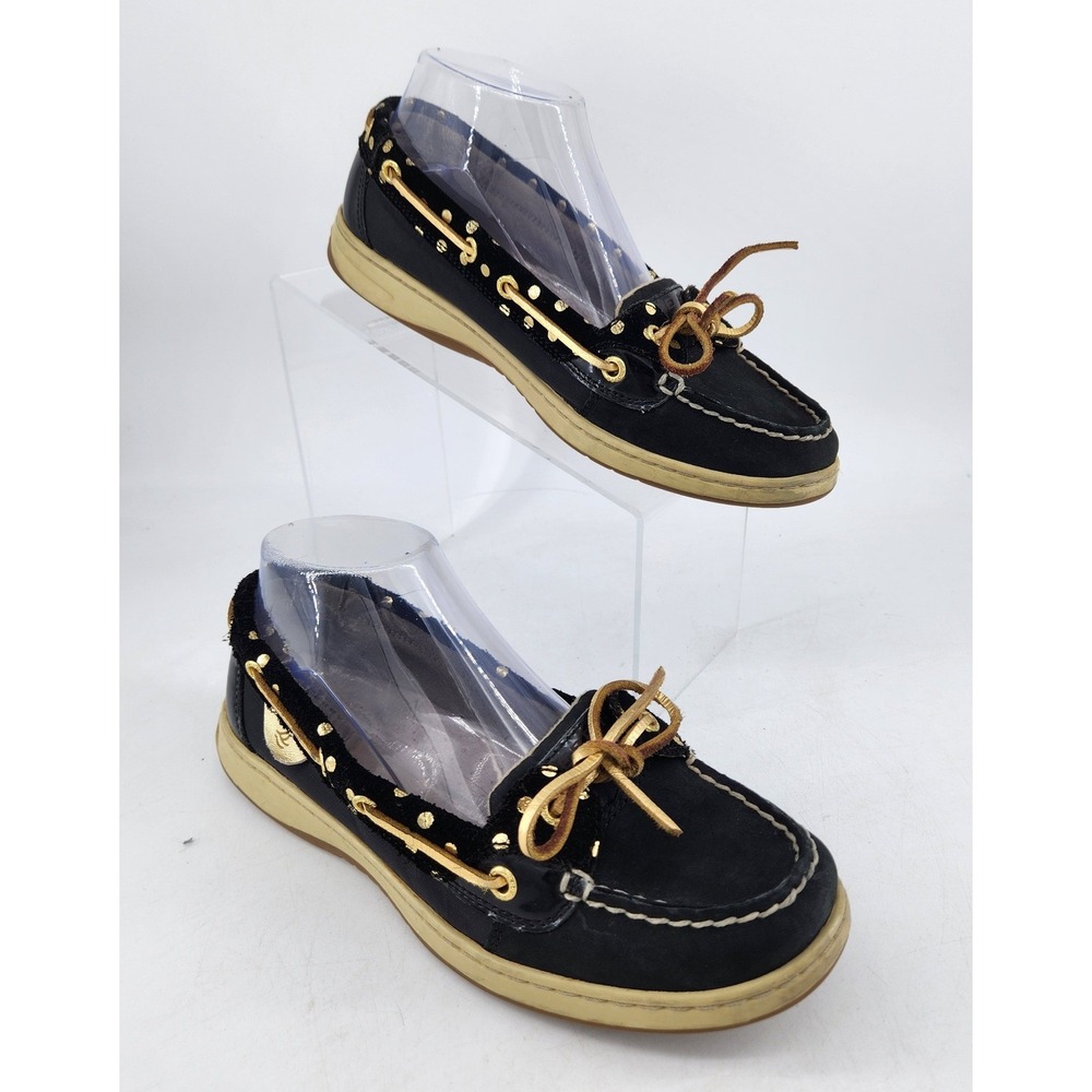 Sperry Top-Sider Angelfish Boat Shoes‎ Womens 8 Black Gold Polka Dot STS91127